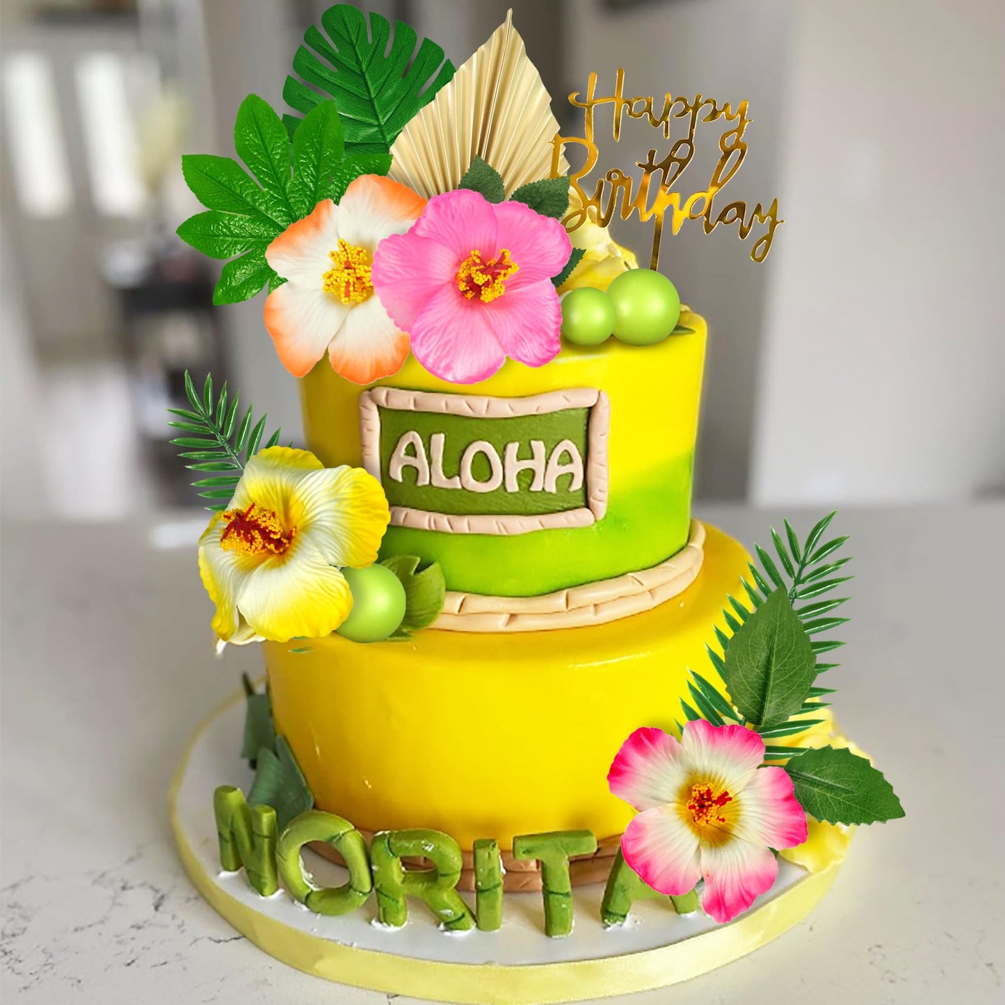 25 Pcs Flower Cake Topper Hawaiian Cake Decorations With Palm Leaves Hibiscus Flowers Balls For Hawaii Aloha Jungle Summer Theme