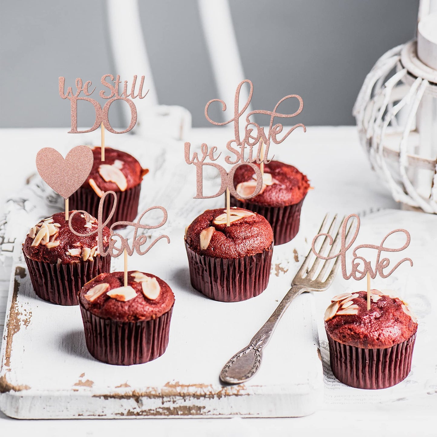 YCTHUNFISH Cupcake Toppers - 24 Pack Glitter Love Heart - Rose Gold Paper Decorations for Weddings, Anniversaries, and Birthdays
