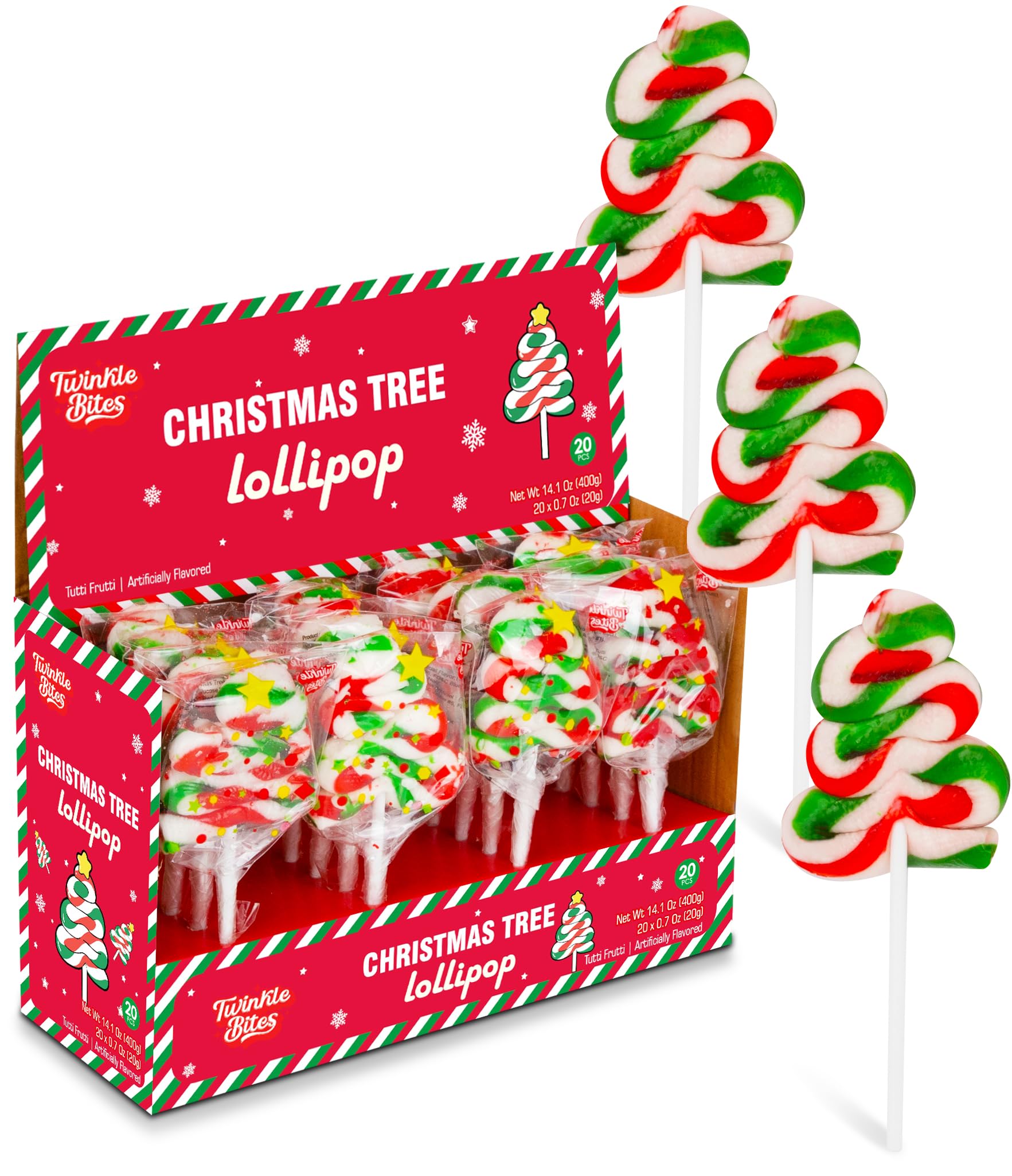 40 Pack Christmas Tree Lollipops - Individually Wrapped Large Christmas Holiday Themed Tree Suckers - Colorful Red & Green Designs & Delicious Tutti Frutti Flavor -Bulk Candy Use For Stocking Stuffers, Party Favor, Classroom & Office  , Candy Jar Fillers