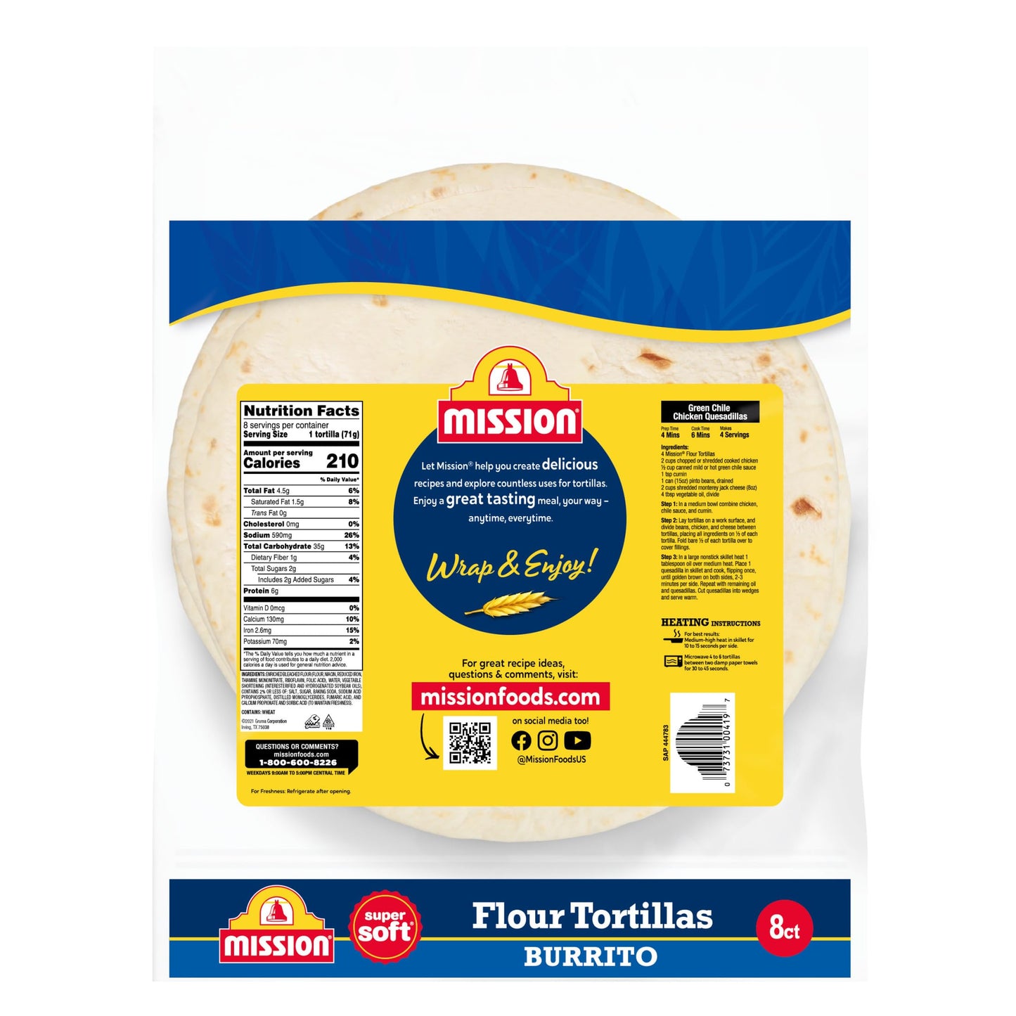 Mission Burrito Flour Tortillas, Large Size, 8 Count, Trans Fat Free