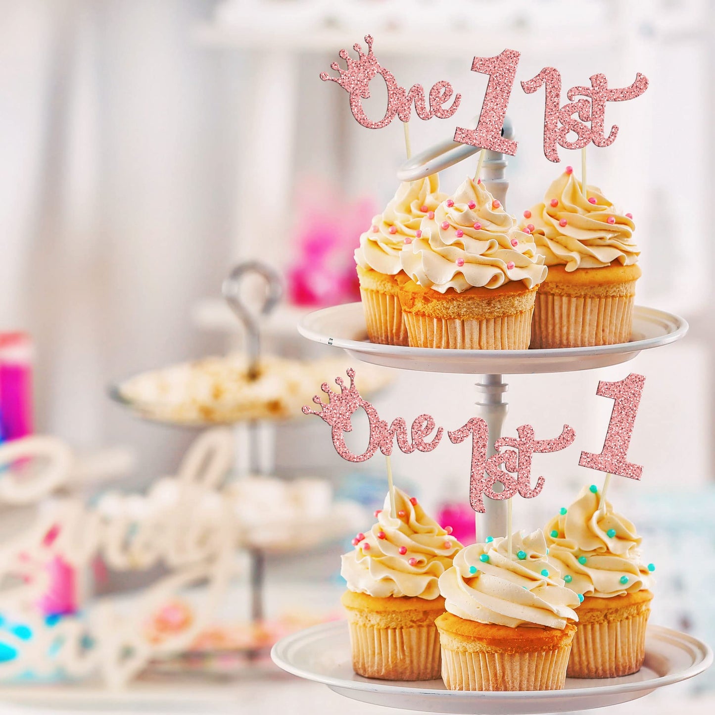24Pcs One Cupcake Toppers Glitter 1St Birthday Cupcake Picks For Baby Shower First Birthday Party Cake Decorations Supplies Rose