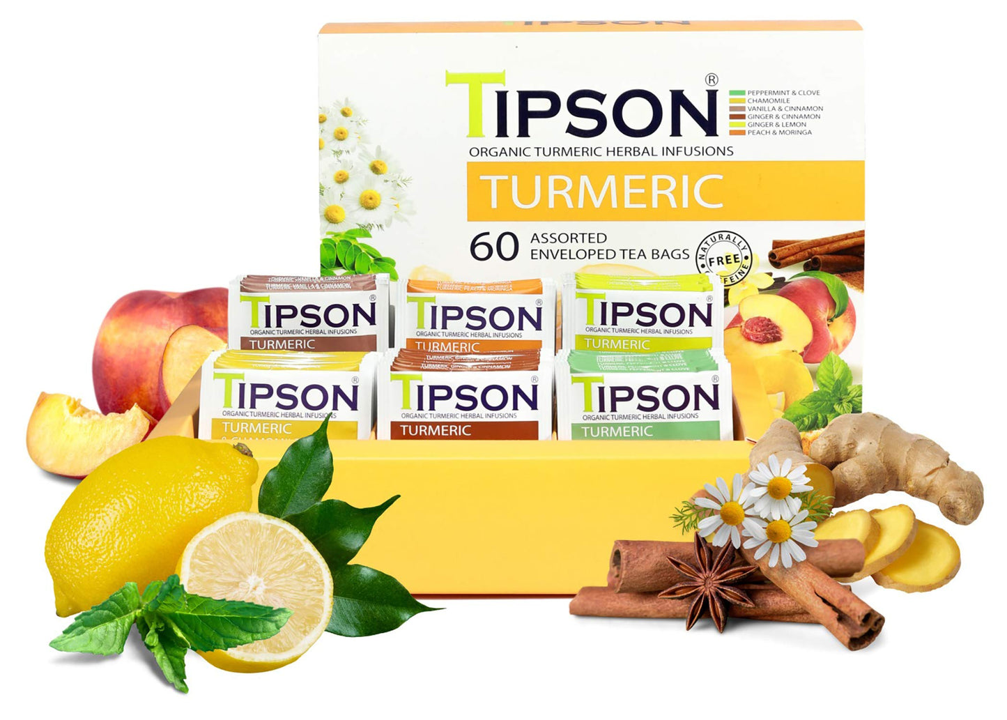 Tipson Organic Turmeric Herbal Tea - Caffeine Free, Non-GMO, Gluten Free - 60 Foil Enveloped Double Chambered Bags