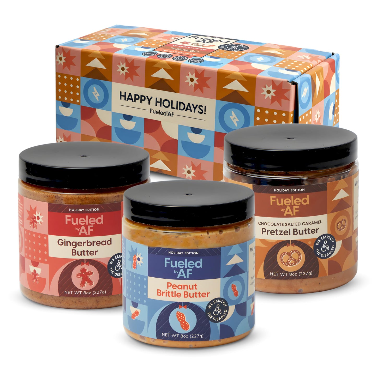 Fueled Af Holiday Nut Butter Trio  Giftable Spreads (Peanut Brittle-Flavor Blendgerbread Cookie And Chocolate Salted Caramel Pretzel Butter)