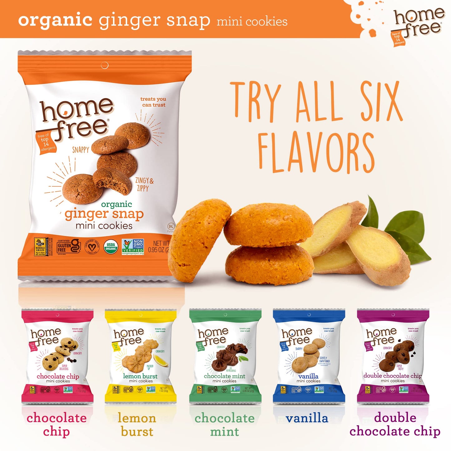 Homefree Mini Ginger Snap Cookies, Organic, Gluten Free, Nut Free, Vegan, Individually Wrapped Packs, School Safe and Allergy Fr