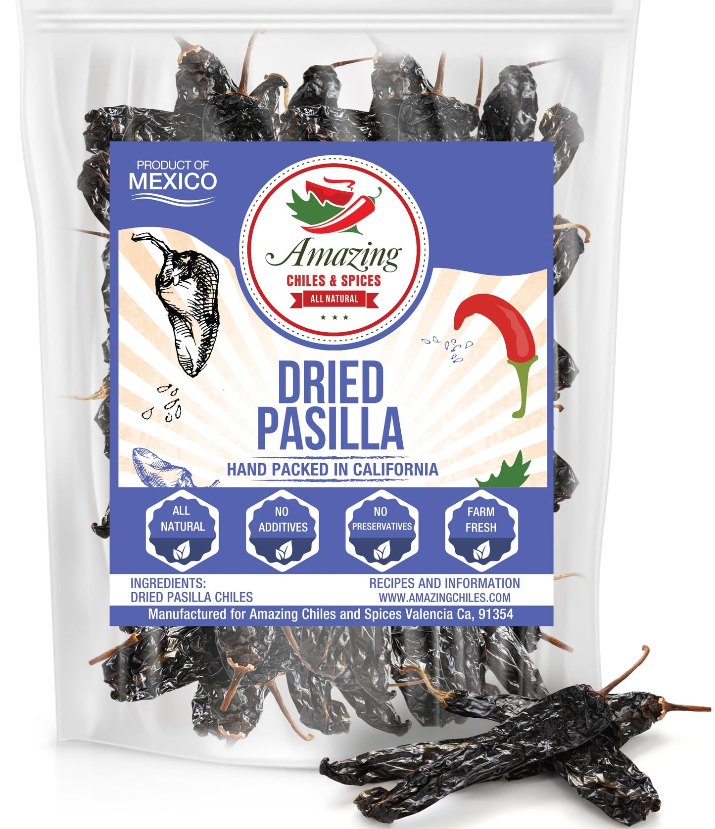 Pasilla Chiles Dried 4 Oz - Staple In Mexican Cooking: Moles, Sauces, Stews, Salsa. Mild Heat – Punget And Tangy Flavor. By Amazing Chiles & Spices