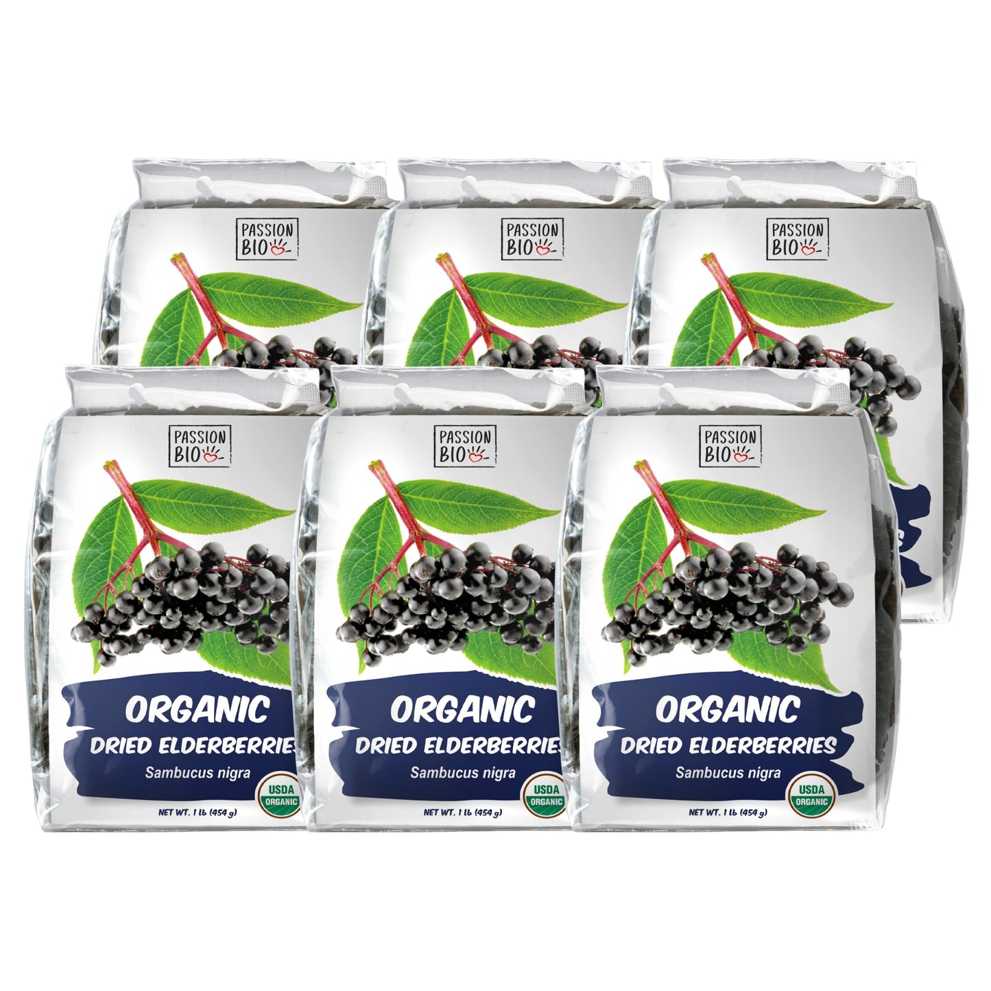 Dried Elderberries Organic 1 lb Bulk Bag (6-Pack) - USDA Certified, Non-GMO Sambucus Nigra, Whole Dried Elderberry - Natural, No