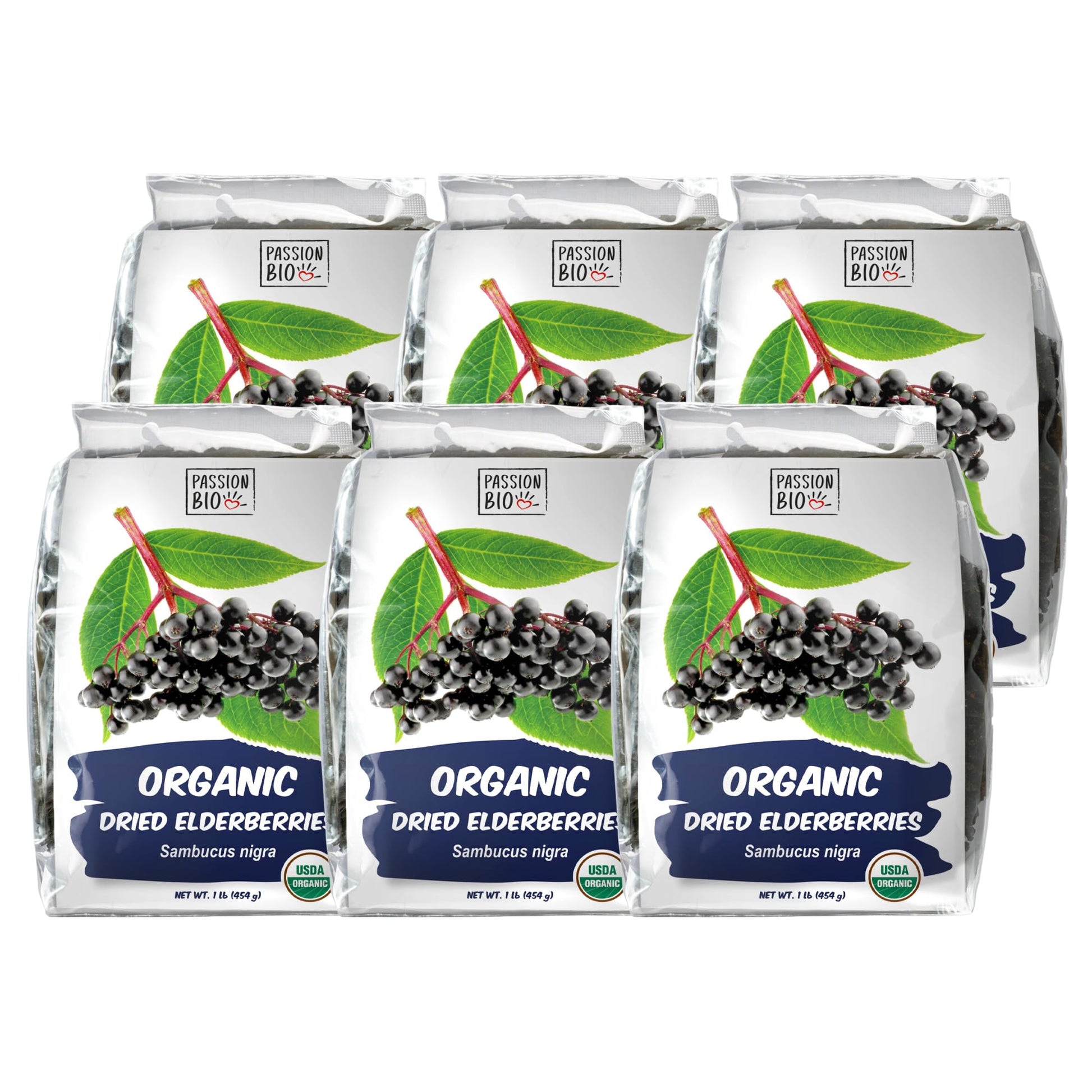 Dried Elderberries Organic 1 lb Bulk Bag (6-Pack) - USDA Certified, Non-GMO Sambucus Nigra, Whole Dried Elderberry - Natural, No