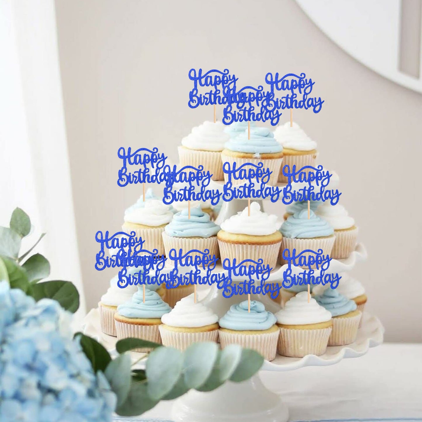 ZHUOWEISM 36 PCS Cupcake Toppers Glitter Decoration for Birthday Party, Dark Blue, Small, Bamboo