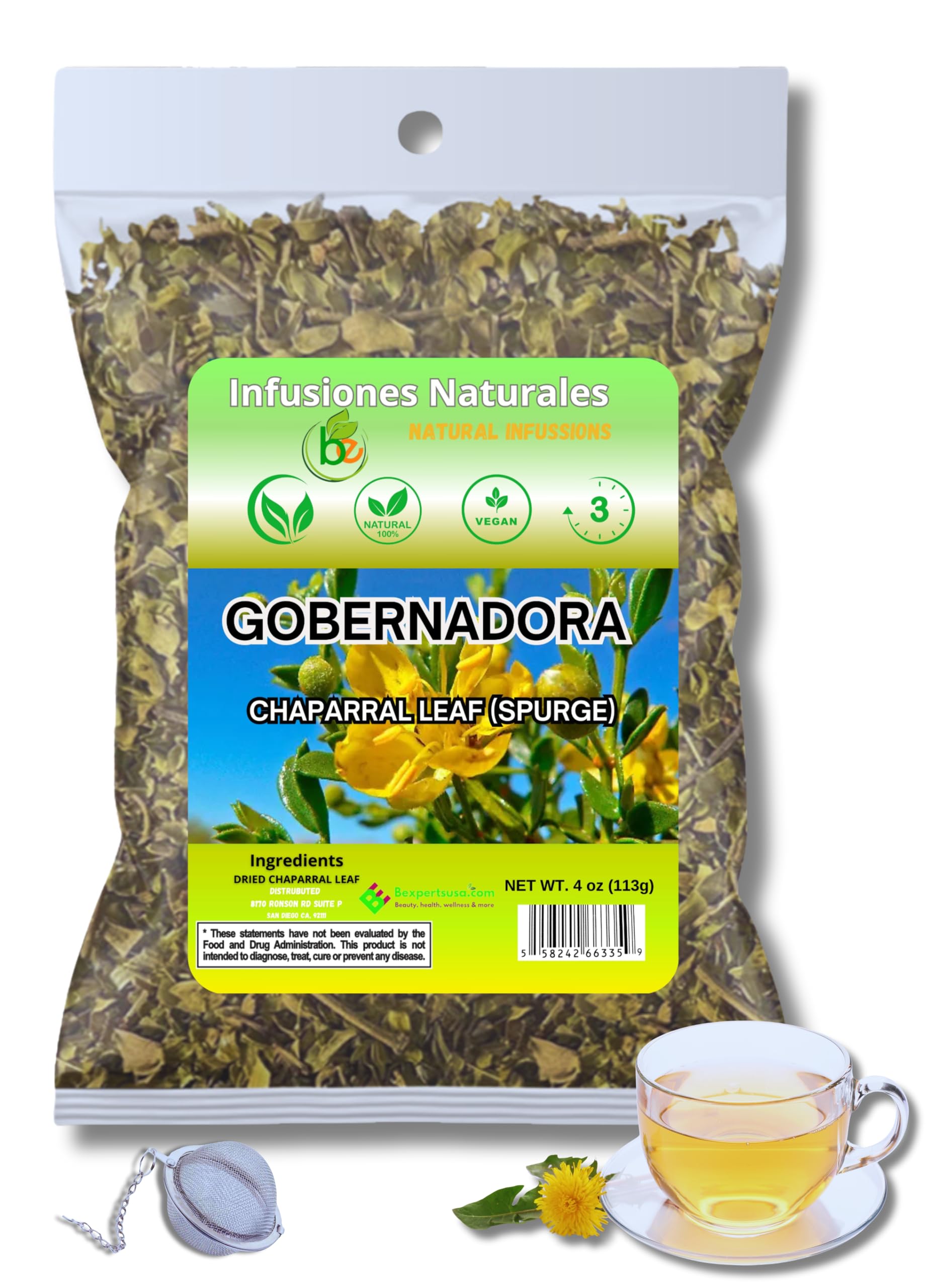 Gobernadora Tea (Chaparral Leaf) - 4 Oz Loose Leaf Herbal Tea - 100% Natural  Vegan  Energy Blend-Free - Traditional Herb For Wellness - Includes Stainless Steel Tea Infuser Ball