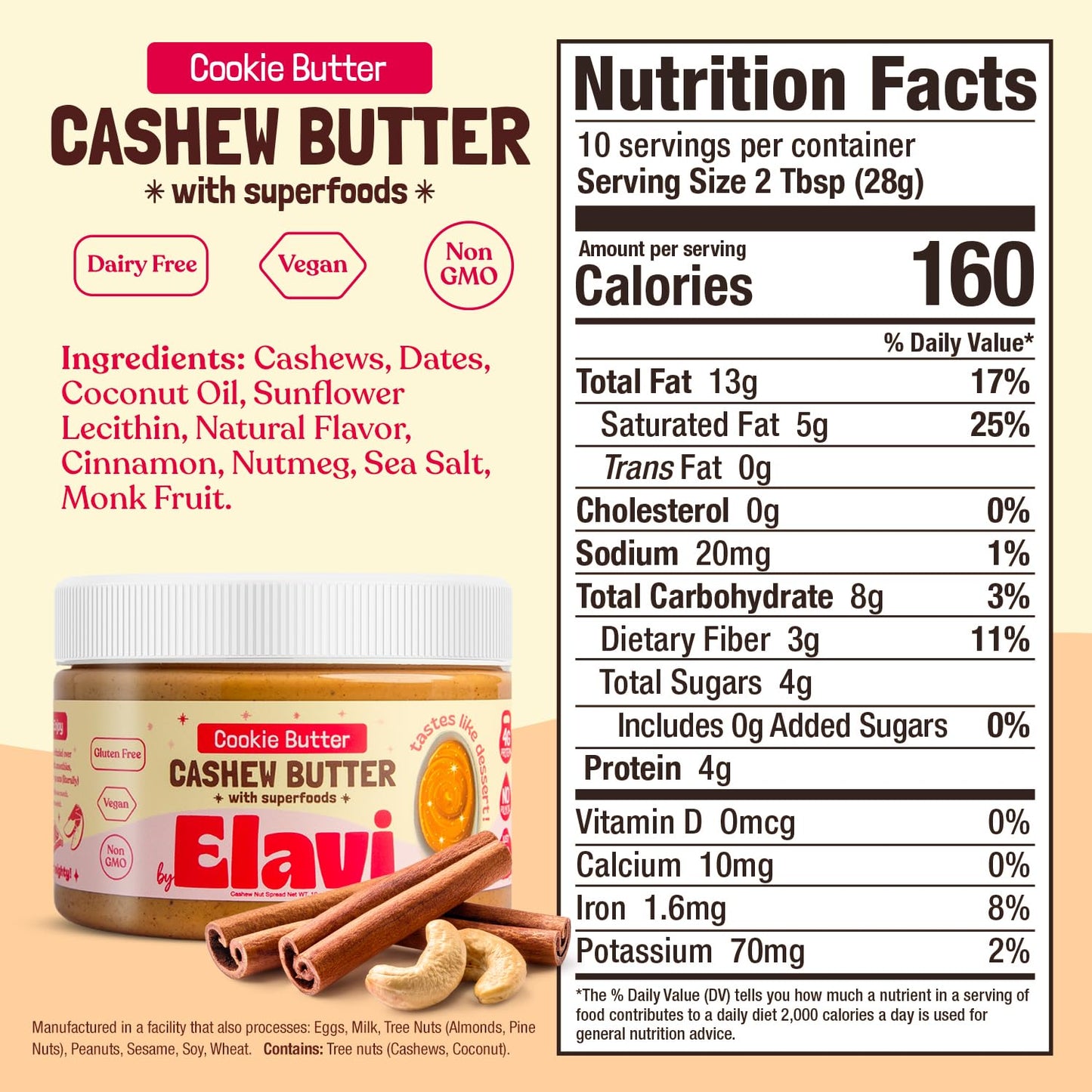 ELAVI Keto Cashew Butter Jar, Gut-Friendly, Low-Sugar Dessert Spread, Vegan, Kid-Friendly, No Added Sugar, No Stevia, No Sugar A