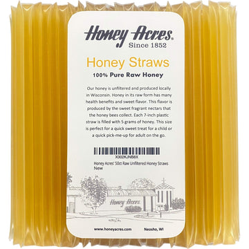 Honey Acres' Raw Unfiltered Honey Straws - Usa Honey Sticks (Clover, 50 Count)