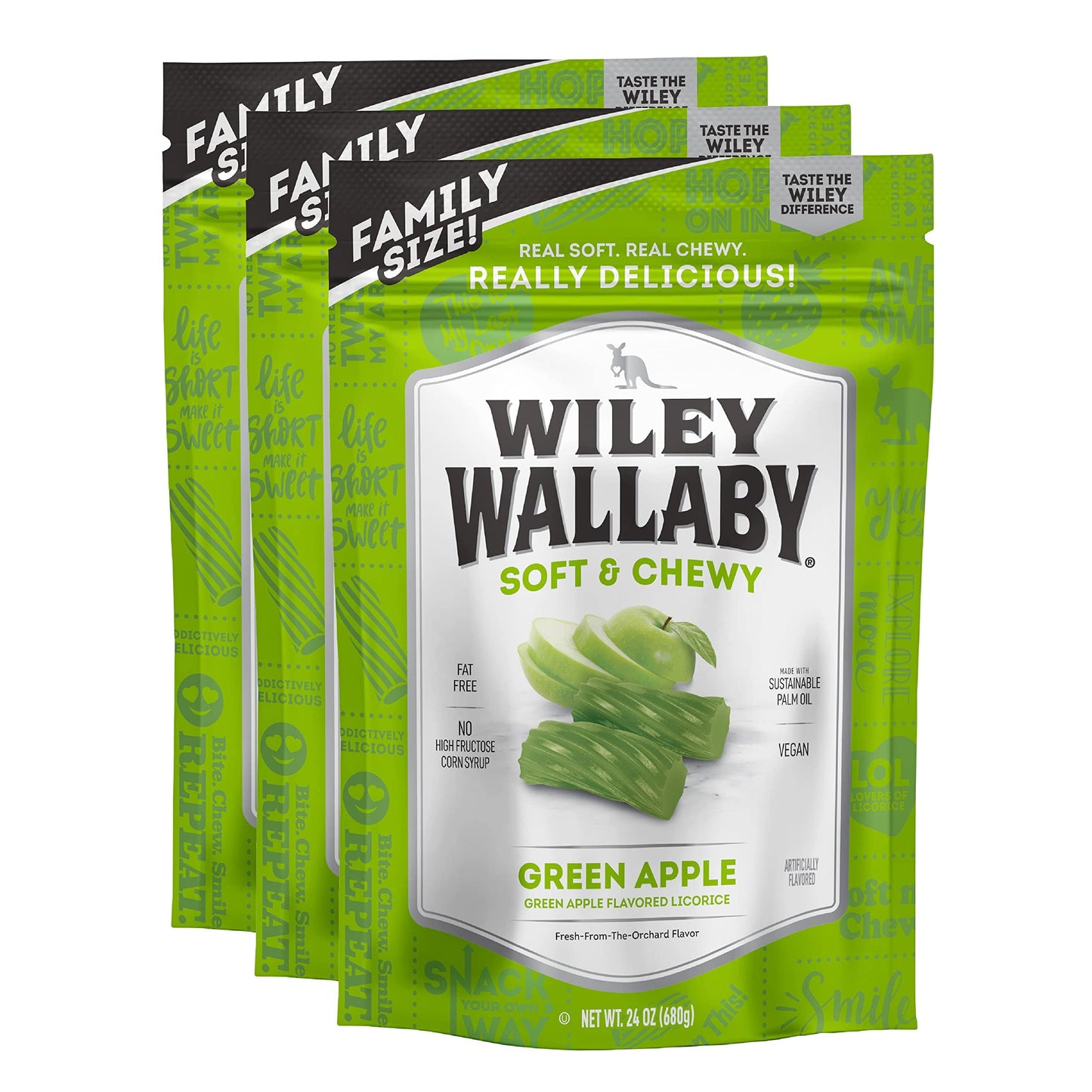 Wiley Wallaby Licorice 24 Ounce Classic Gourmet Soft & Chewy Australian Green Apple Licorice Candy Twists, 3 Pack