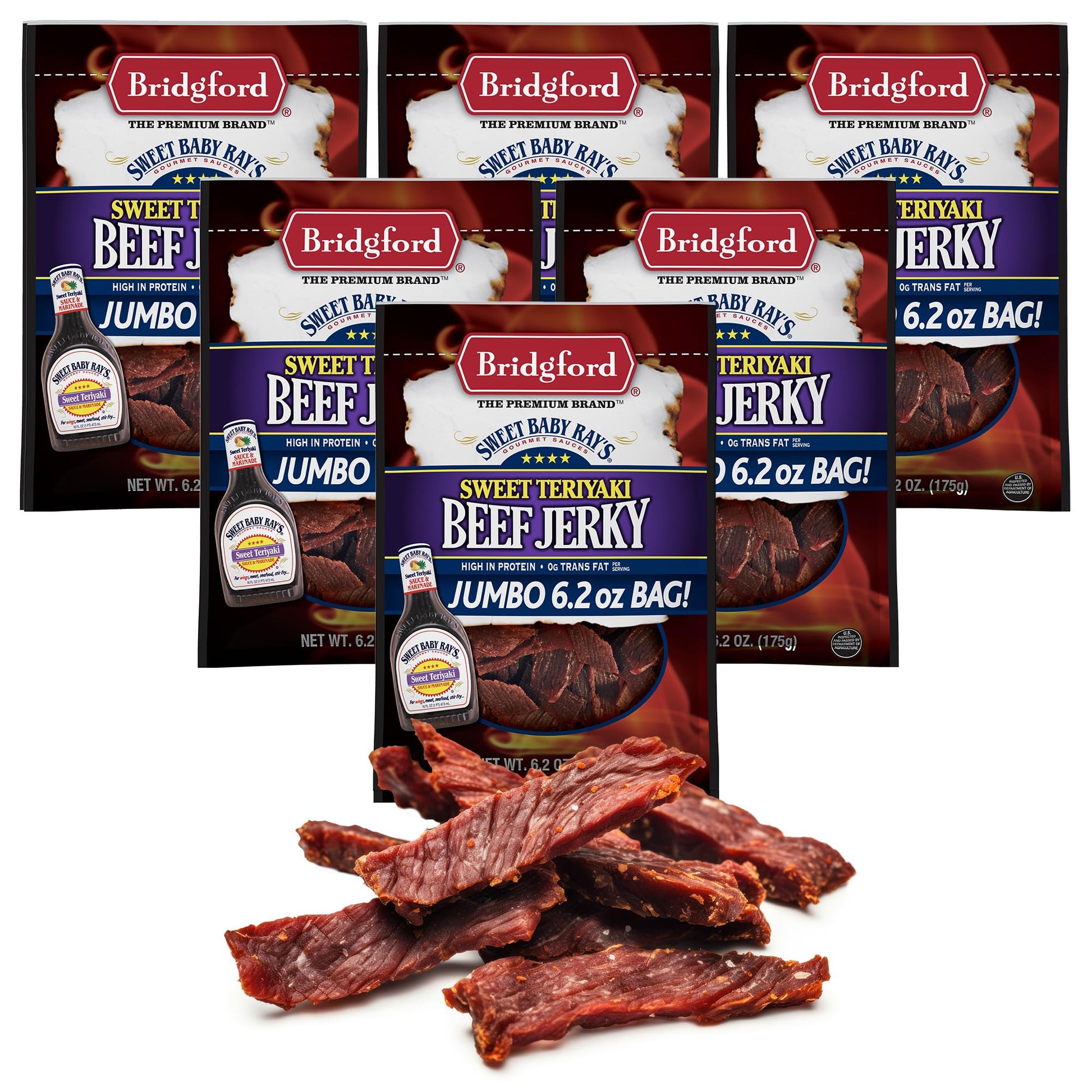 Bridgford Sweet Baby Rays Beef Jerky Sweet Teriyaki 6.2 oz Pack of 6 - High Protein Snacks for Low Carb and High Protein Diets -