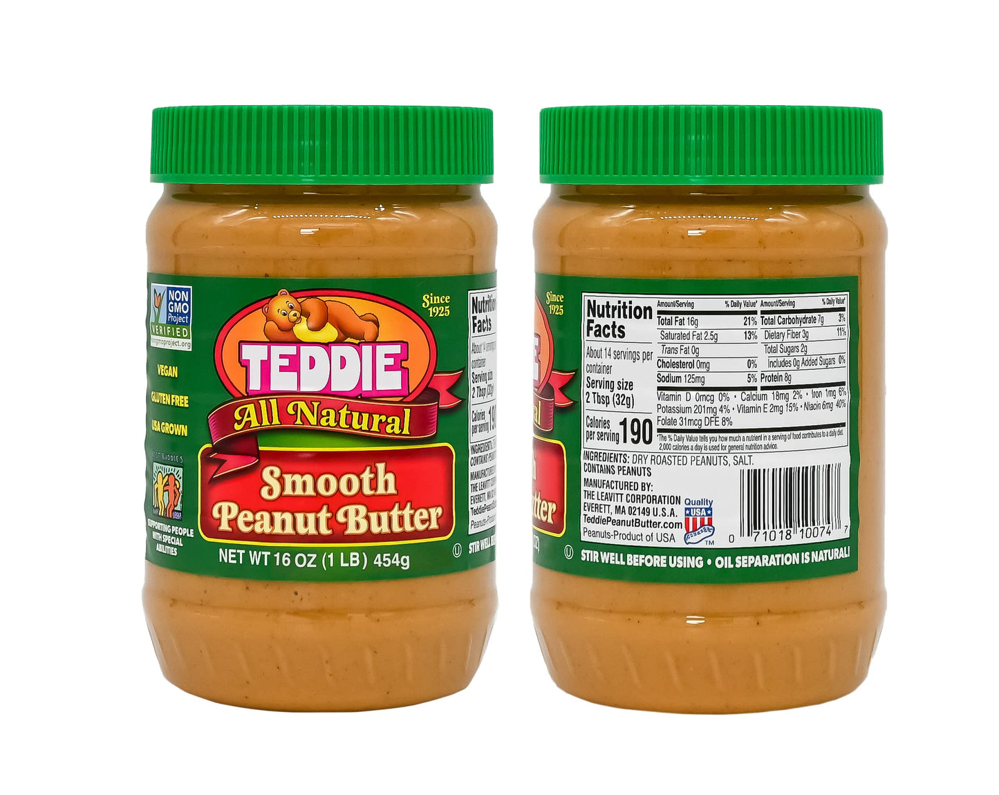Teddie All Natural Peanut Butter, 16 Ounce 4 Pack Smooth, Gluten Free & Vegan, 16 Ounce Plastic Jar