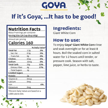 Giant White Corn by Goya, Whole White Hominy, Mexican Corn, Dried White Corn Kernels, Ma  z Mote Pelado, 14oz. Bag