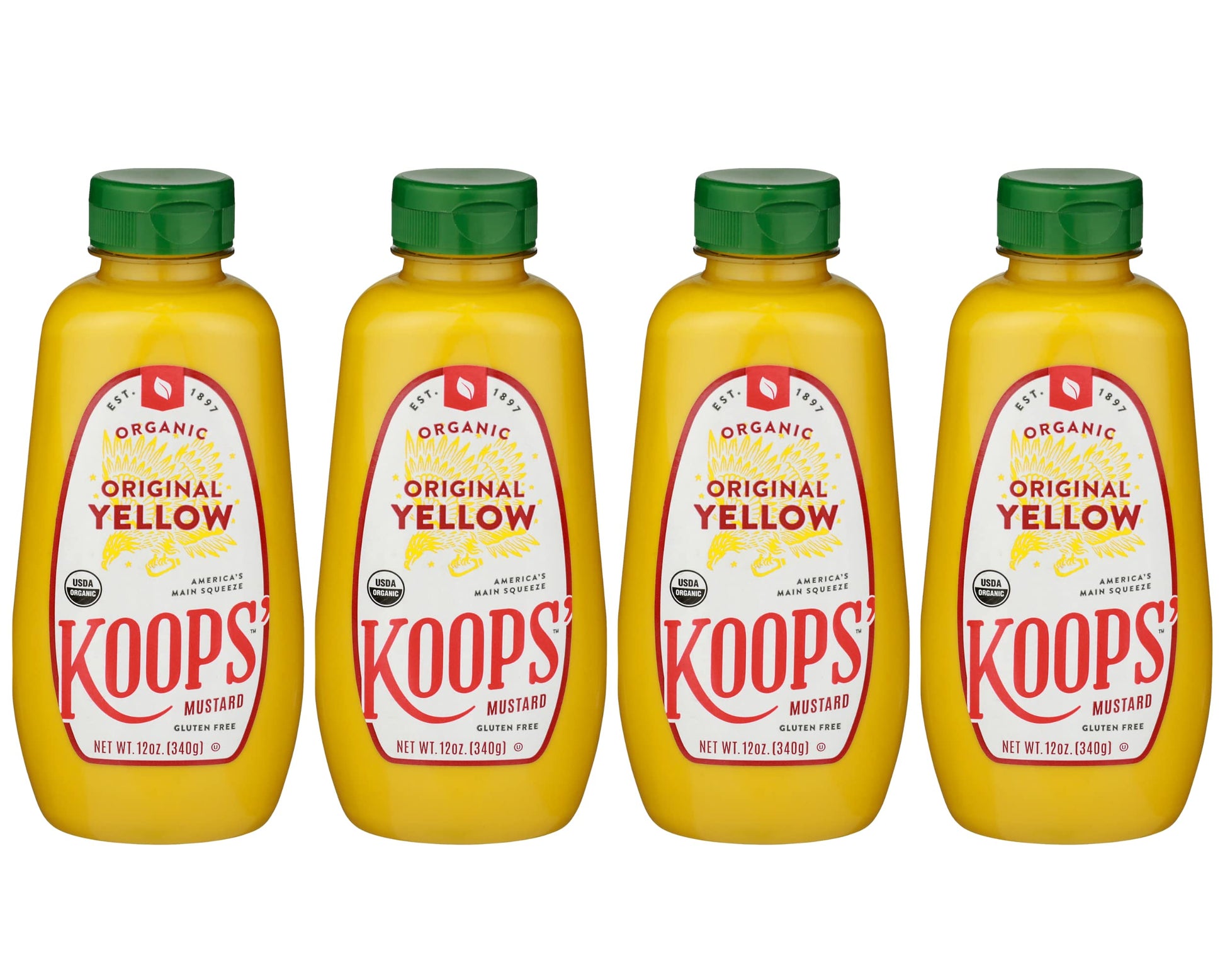 KOOPS Organic Yellow Mustard - Gluten-Free, Kosher, USDA Certified Organic, 12 Oz, Pack of 4