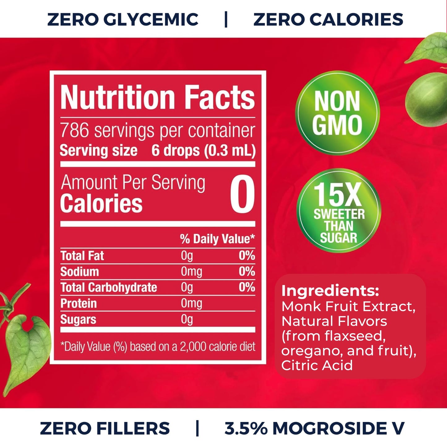 100% Pure Monk Fruit Extract (6 Drops = 1 Tsp of Sugar) Zero Calories  Non-GMO  No Fillers - Liquid Monk Fruit Sweetener No Erythritol by Transparency Foods NEW FORMULA (8oz  786 servings)