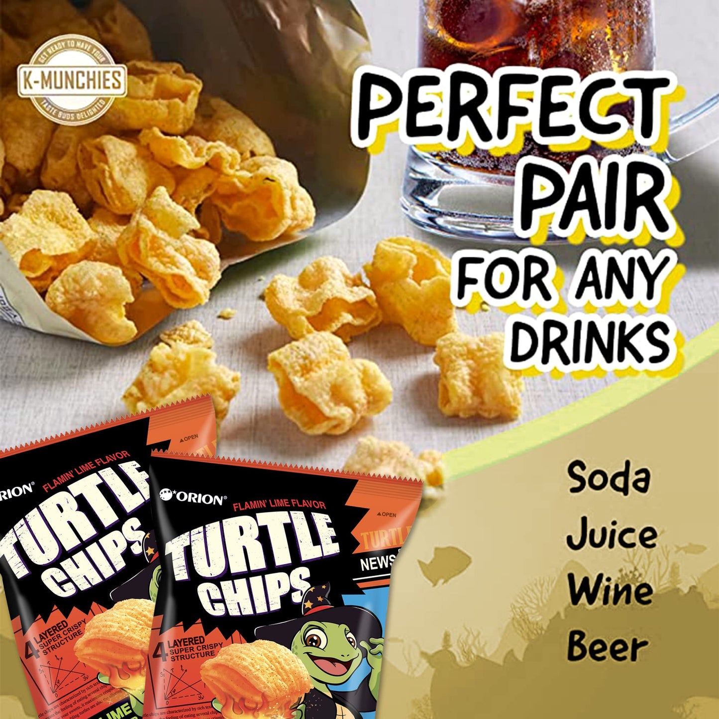 K-Munchies Orion Turtle Chips - Flamin Lime Flavor - Large 3 x 160g - Crispy Korean Corn Snacks - Party Size