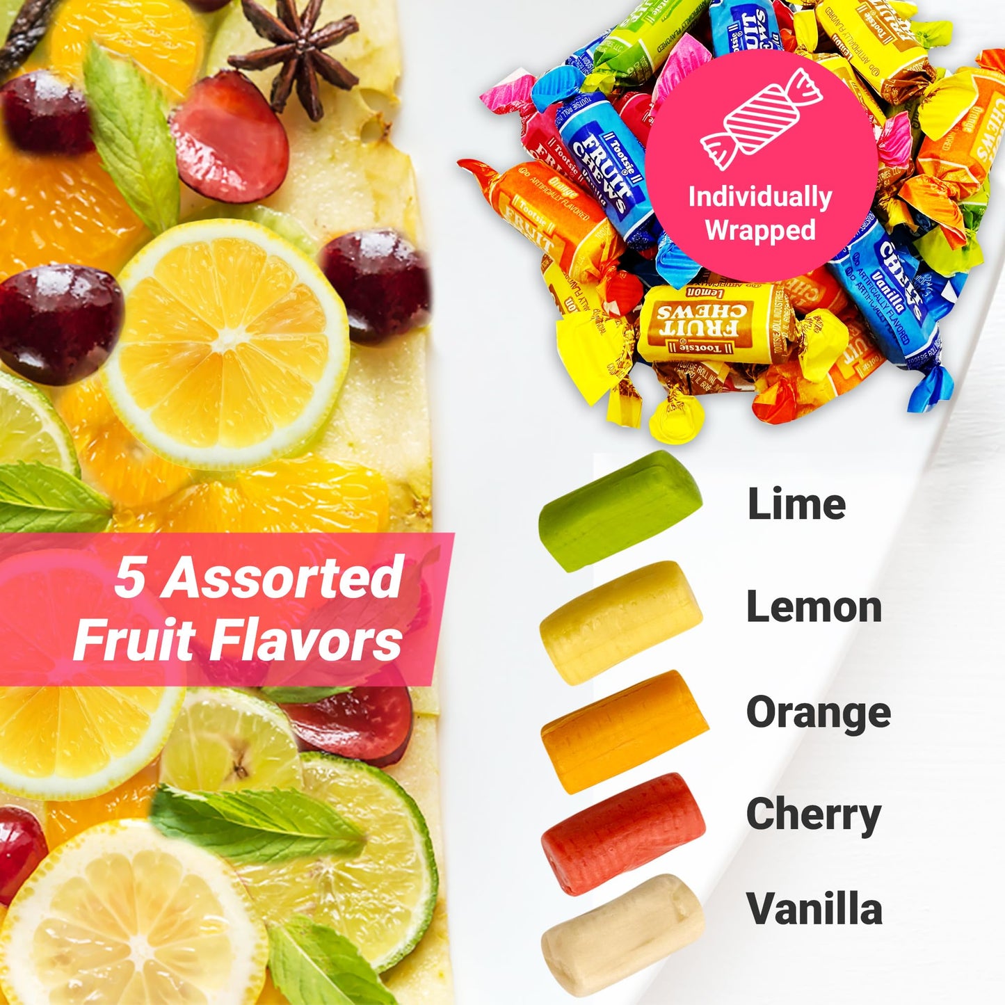 Fruit Chews Candy - 1 Pound Bulk Bag, Fruit Chews Rolls, 5 Assorted Flavors, Soft & Fruity Taffy Candy, Individually Wrapped Glu