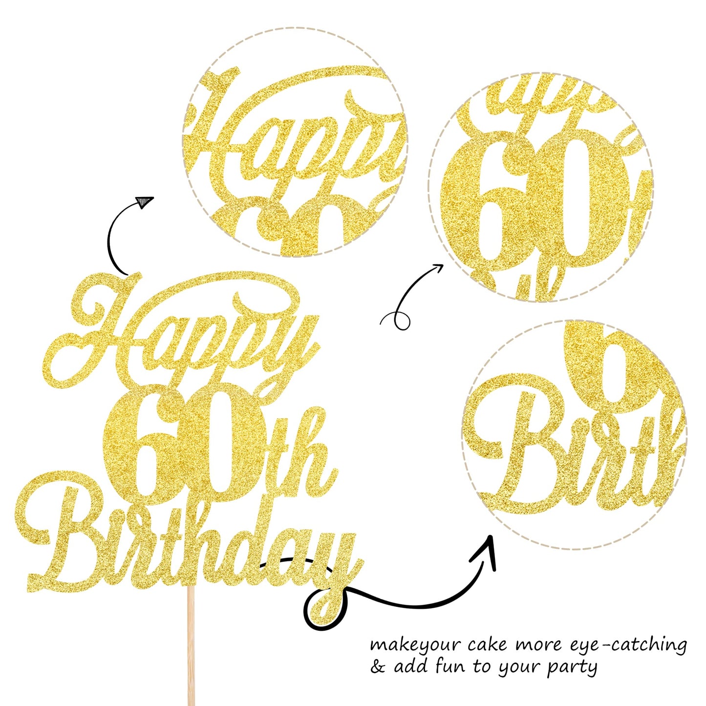 Rssta i 60th Birthday Cake Topper, Glitter Gold, Paper, Model XM064, Celebrating 60 Years Old, Party Decoration Supplies