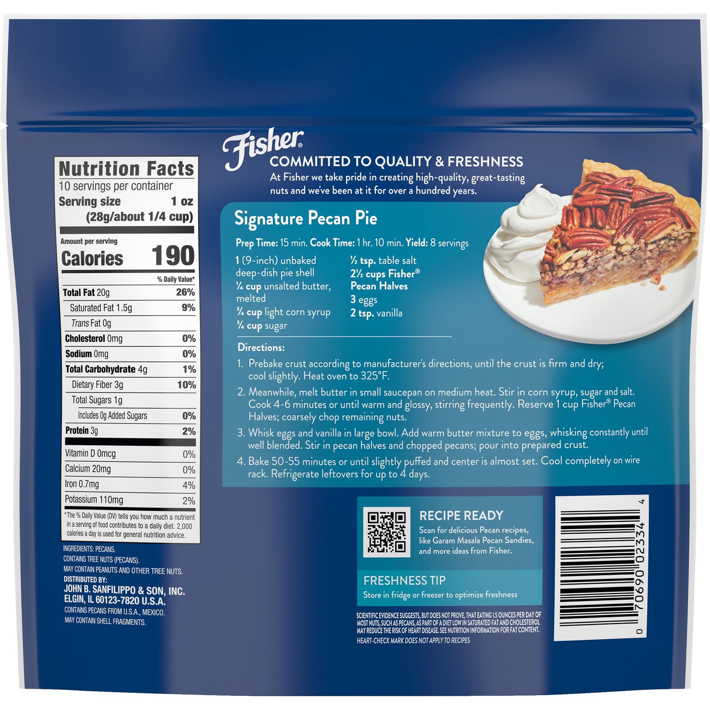 Fisher Pecan Halves, Unsalted Raw Nuts, 10 oz Resealable Bag, Vegan Protein, Gluten Free, Brown