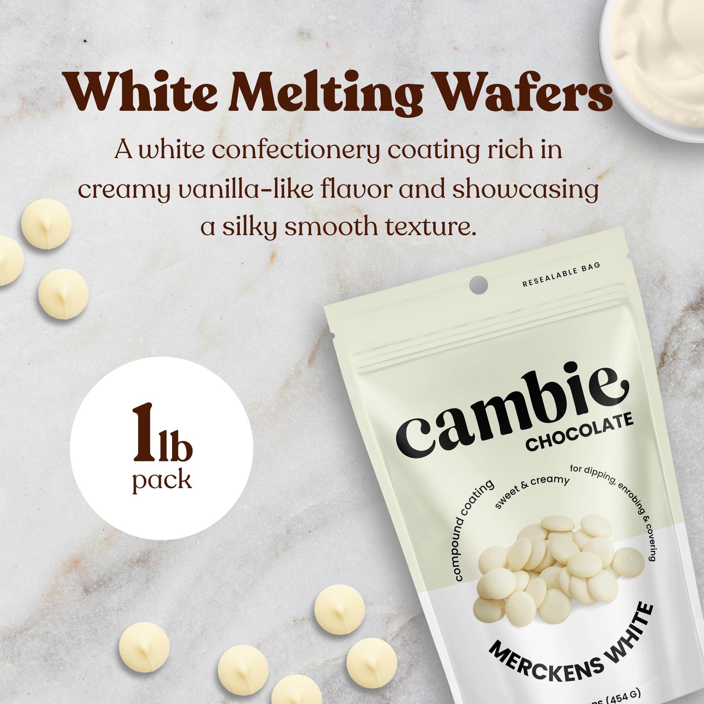 Merckens White Chocolate Melting Wafers by Cambie  White Melting Chocolate  Candy Melts & Baking Chocolate  For Dipping  Covering  Desserts & Baking  1 lb