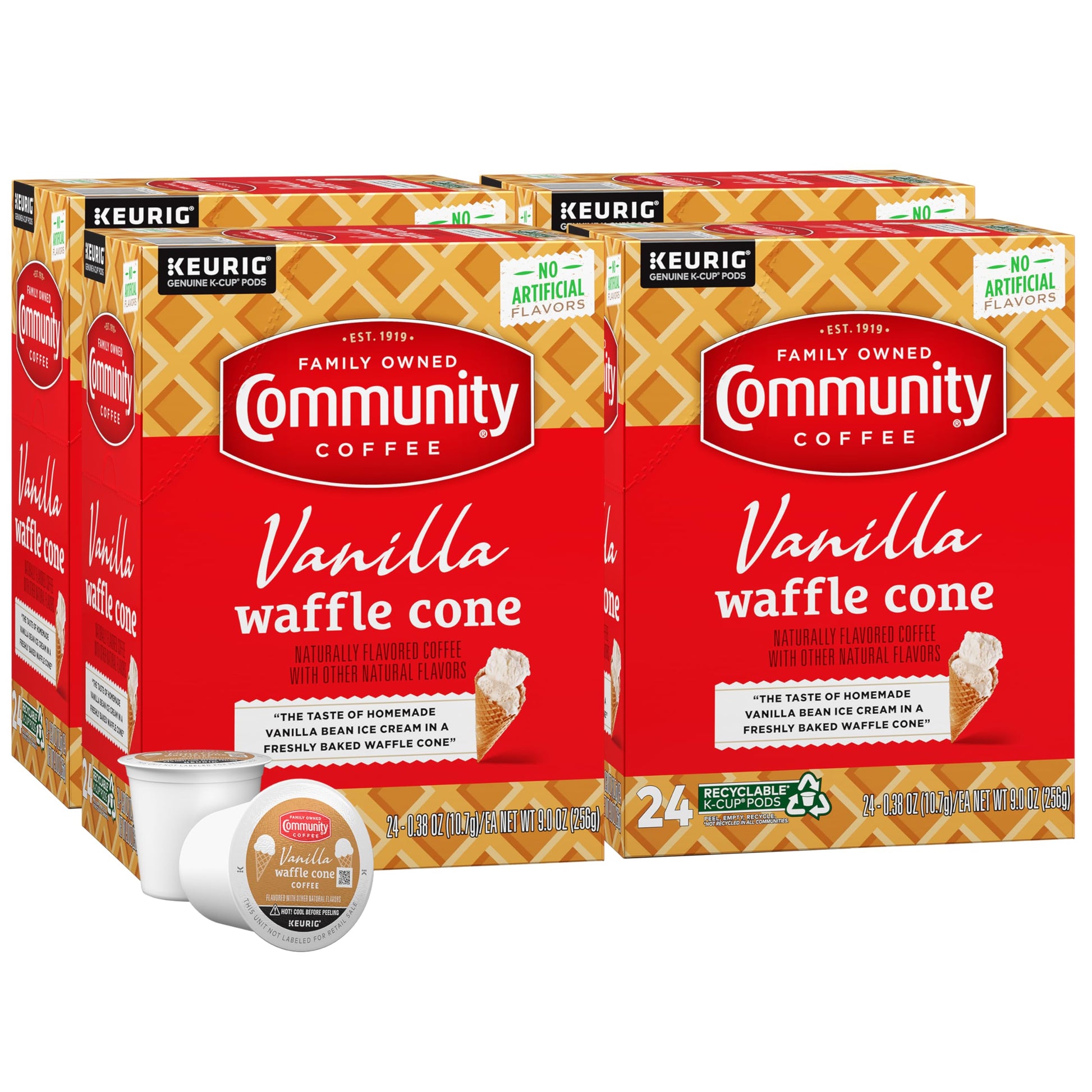 Community Coffee Vanilla Waffle Cone Coffee Pods, Ice Cream Flavored, Compatible with Keurig, 96 Count (24 Count Pack of 4)