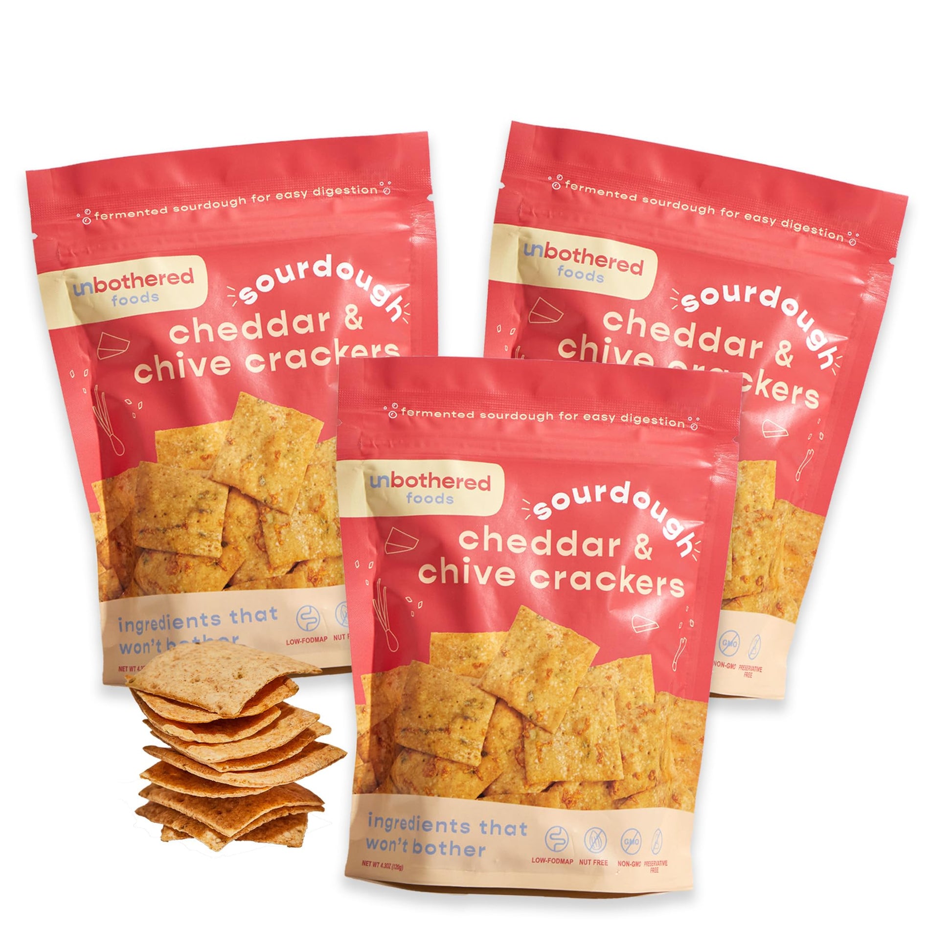 Unbothered Foods Cheddar & Chive Sourdough Crackers - Gut-Friendly & Easy to Digest, Non-GMO, No Added Sugar, Nut-Free, Perfect 