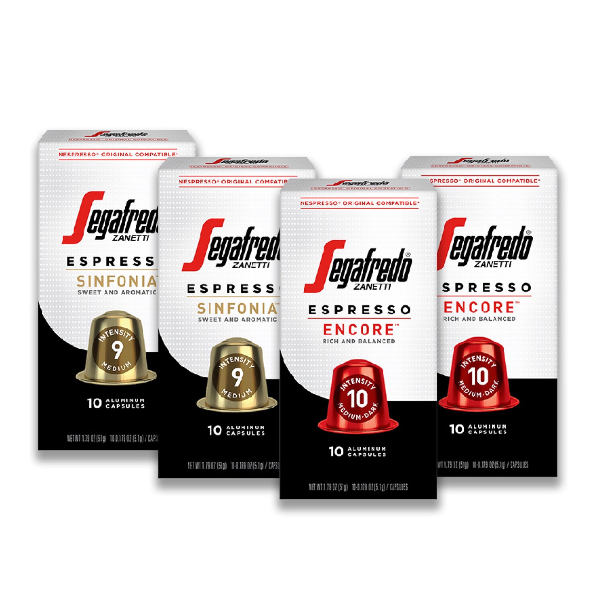 Segafredo Zanetti Espresso Capsules - Aluminum Pods for Nespresso - Sinfonia & Encore, Medium & Medium-Dark Roast, 10 Count (Pack of 4)