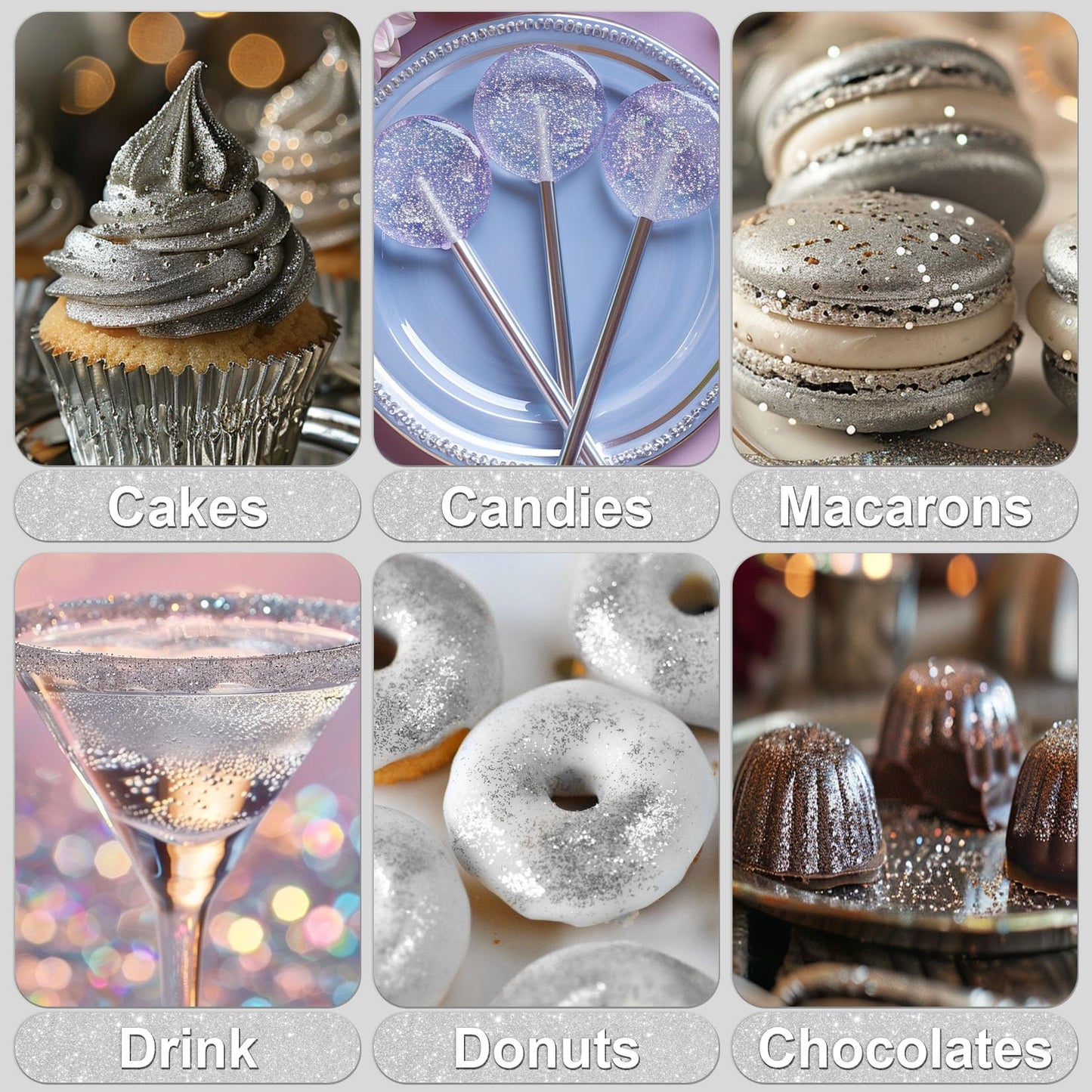 Silver Edible Glitter - 5G Food Grade Cake Decorating Shimmering Glitter, Edible Sprinkle Luster Dust For Drinks, Chocolates, Fo