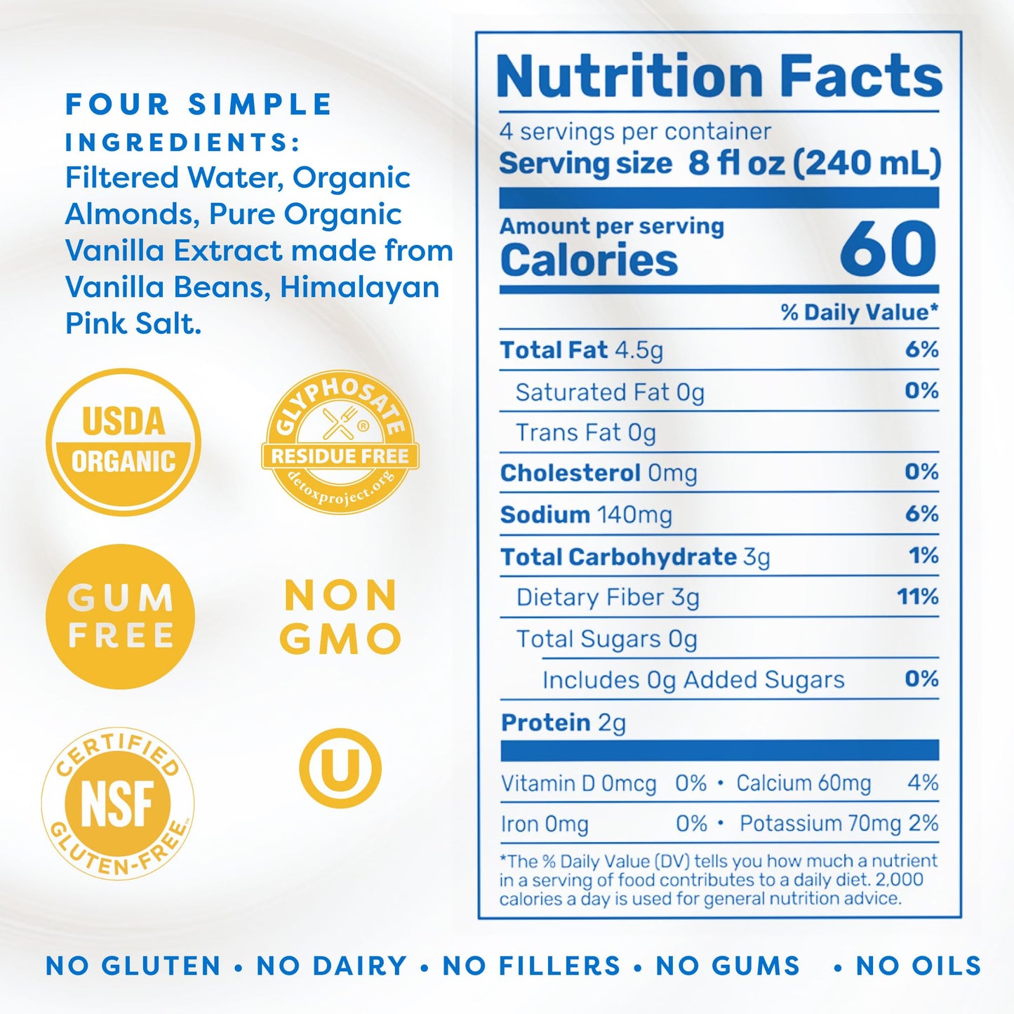 MALK Almond Milk Unsweetened Vanilla (32oz  Pack of 6) - Shelf Stable Organic Almond Milk Vanilla  Non GMO  Whole 30  Dairy Free  Vegan  Plant Based  No Gums or Fillers - Lattes Cereal Coffee Creamer