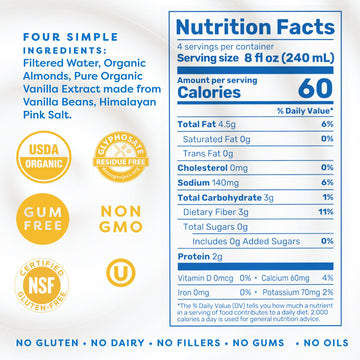 MALK Almond Milk Unsweetened Vanilla (32oz  Pack of 6) - Shelf Stable Organic Almond Milk Vanilla  Non GMO  Whole 30  Dairy Free  Vegan  Plant Based  No Gums or Fillers - Lattes Cereal Coffee Creamer