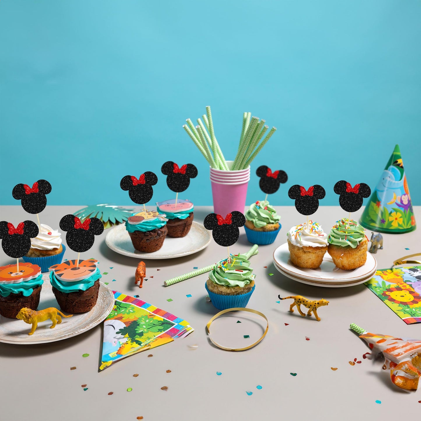Gyufise 36 Pack Black And Red Glitter Mouse Inspired Cupcake Toppers With Bow Mouse Cake Decorations For Baby Shower Wedding Kid
