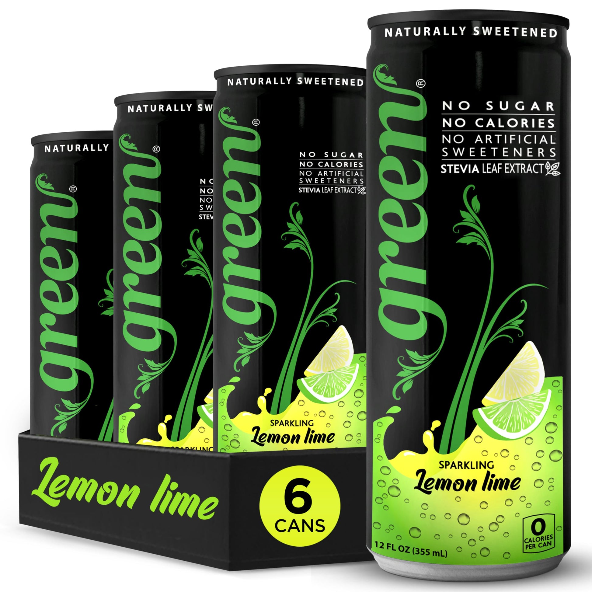 Green Lemon Lime - Sugar Free, No Calories, Naturally Sweetened with 100% Stevia Leaf Extract, Carbonated Soda, 12 Fl Oz each ca