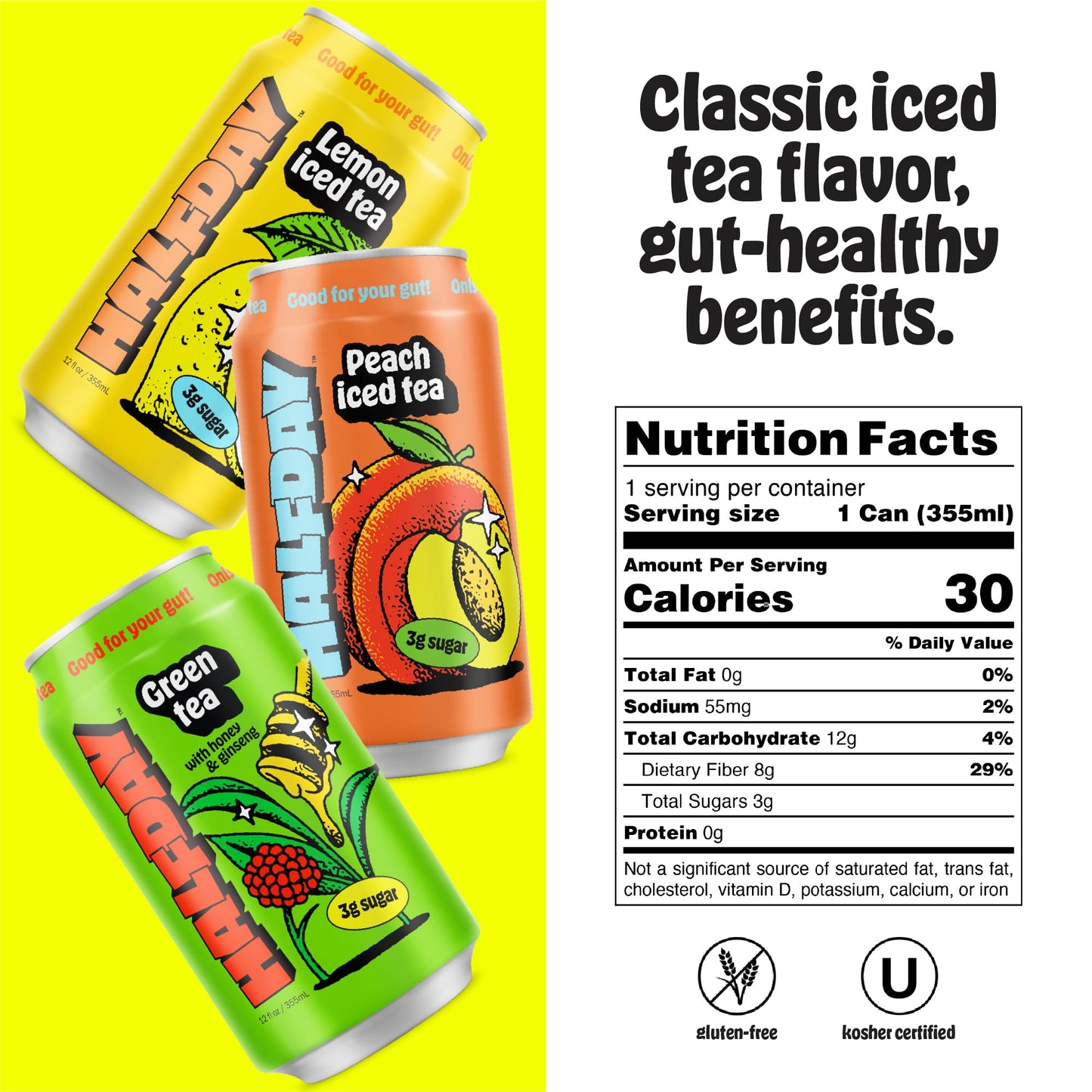 Halfday Prebiotic Iced Tea Variety Pack, Lemon & Peach, Low Sugar, 12 Fl Oz (Pack of 12), Gluten Free, Natural Caffeine