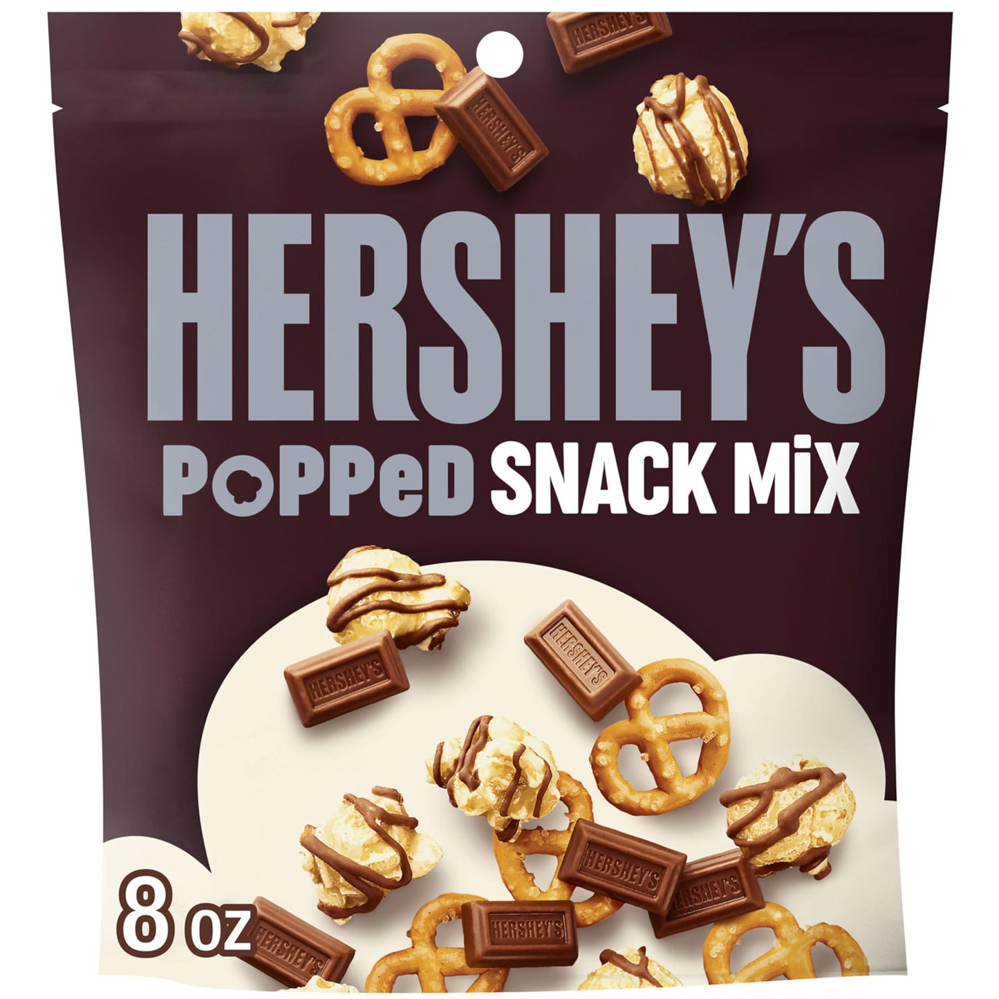 HERSHEYS Milk Chocolate, Popcorn and Pretzel Popped Snack Mix Bag, 8 oz