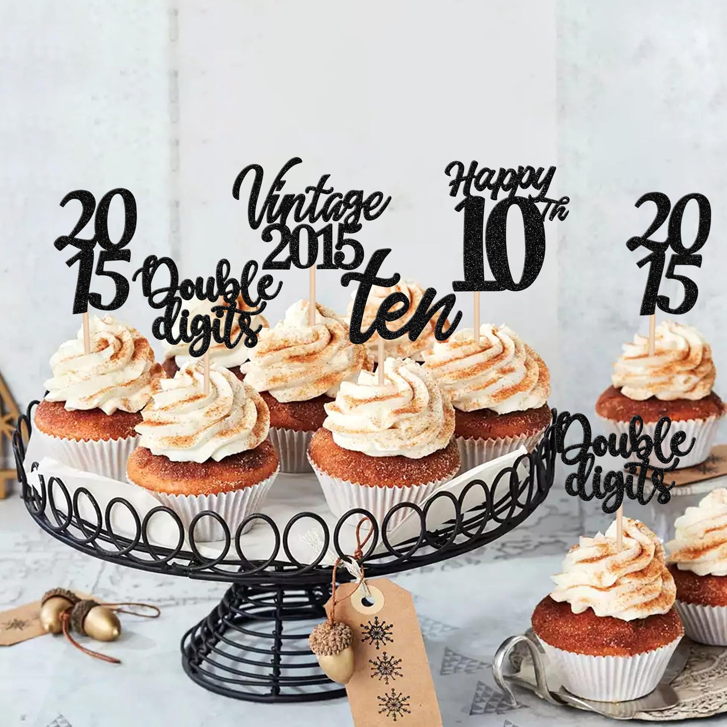 ZHUOWEISM 30PCS Cupcake Toppers for 10th Birthday Party Decorations, Black