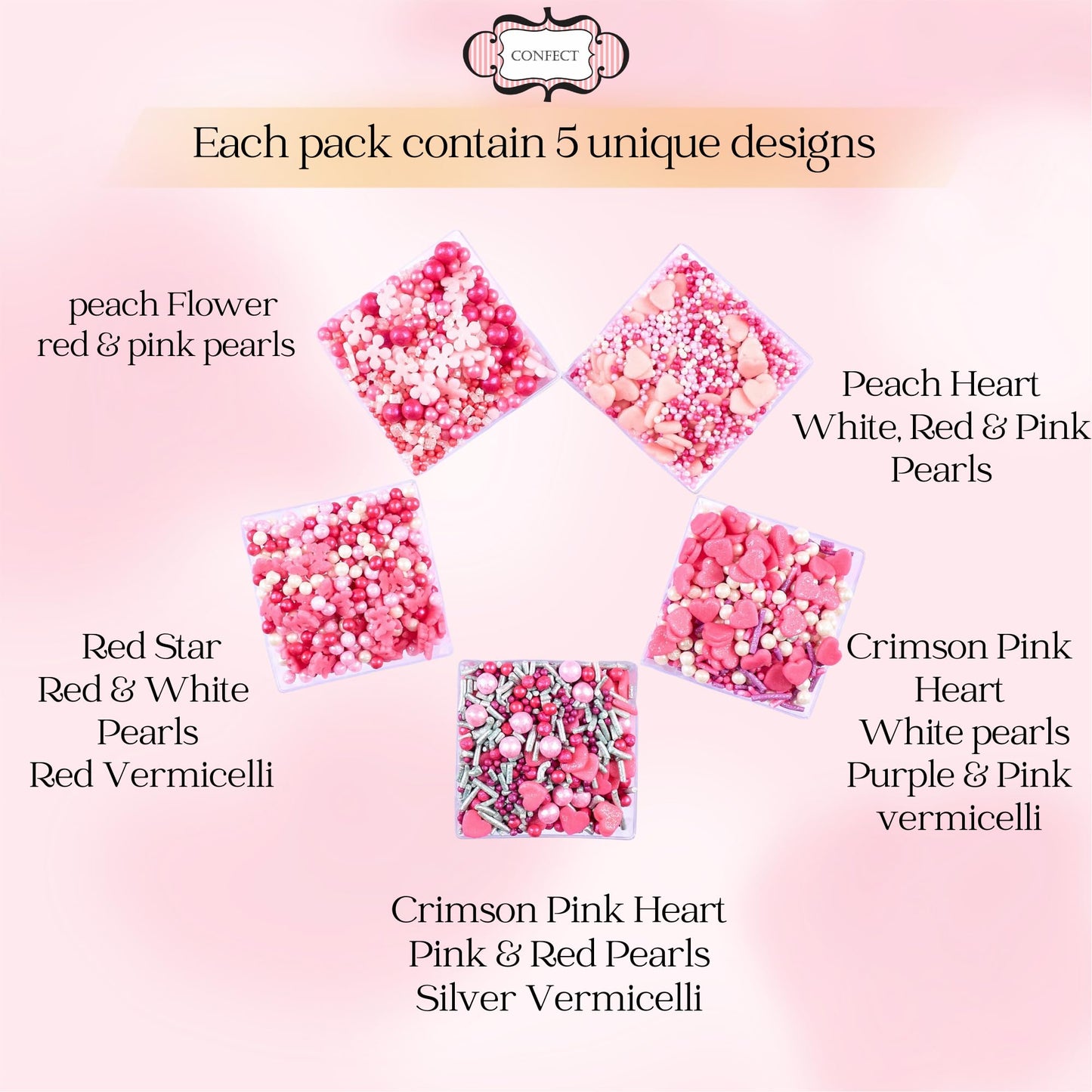 Confect Pretty In Pink & White Pearl Sprinkles Mix - Edible Heart & Star Sprinkles For Cakes, Cupcakes, Cookies - Birthday & Bak
