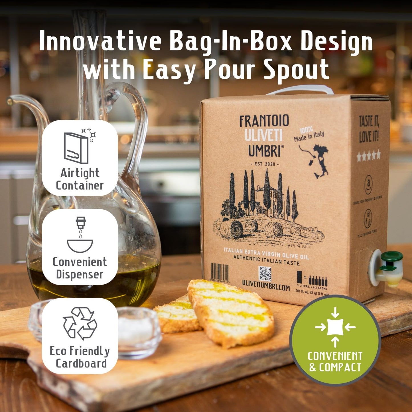 Frantoio Uliveti Umbri Extra Virgin Olive Oil | Cold Pressed | Bag-in-Box 3L (101.4 Fl Oz) | Authentic Italian Quality