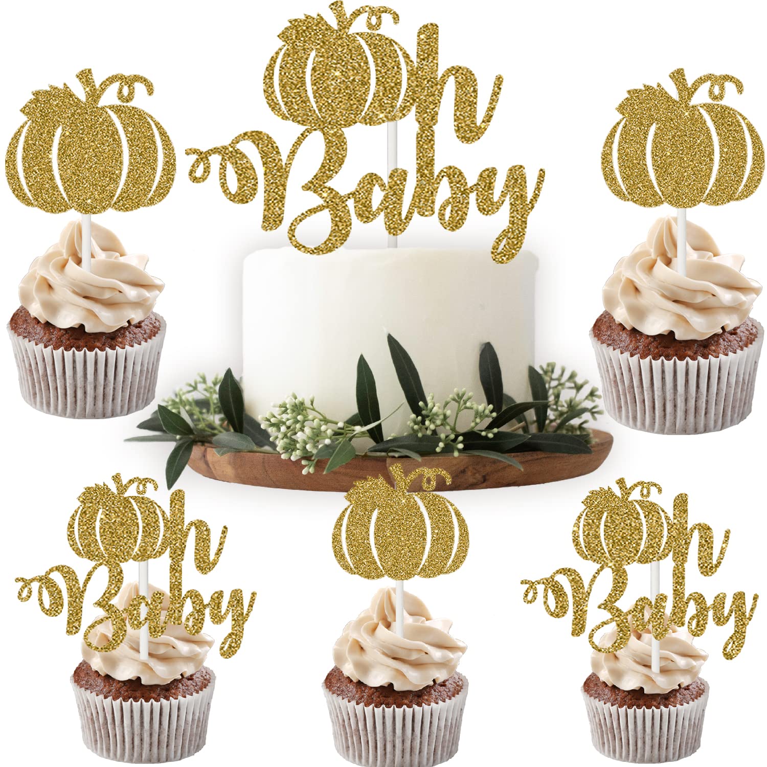Bestus Pumpkin Cupcake Toppers Set, 25pcs Glitter Cardboard, Gold, for Birthday, Baby Shower, Thanksgiving, Halloween Decorations