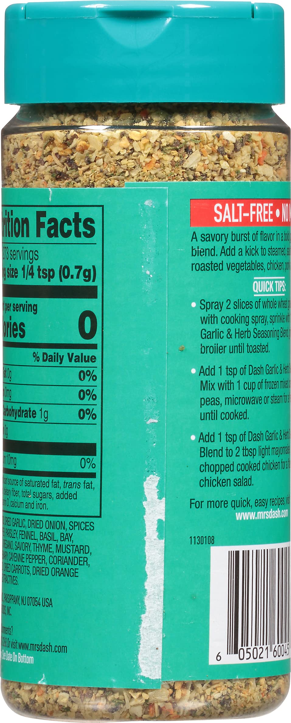 Dash Salt-Free Seasoning Blend, Garlic & Herb, 6.75 Ounce