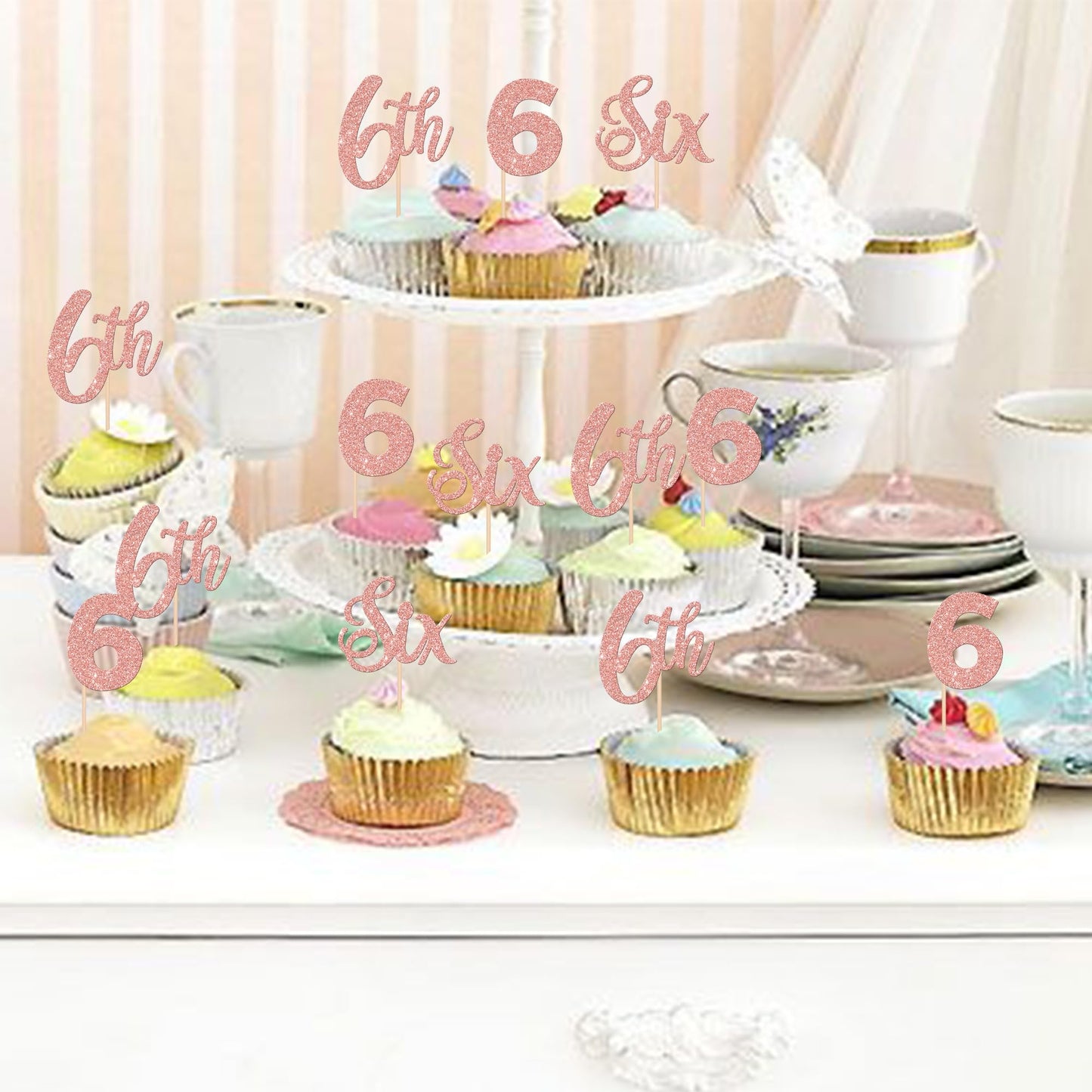 24 Pcs Six Cupcake Toppers Glitter 6Th Birthday Cupcake Picks Number 6 Cupcake Decorations For Baby Shower Kids 6Th Birthday Ann