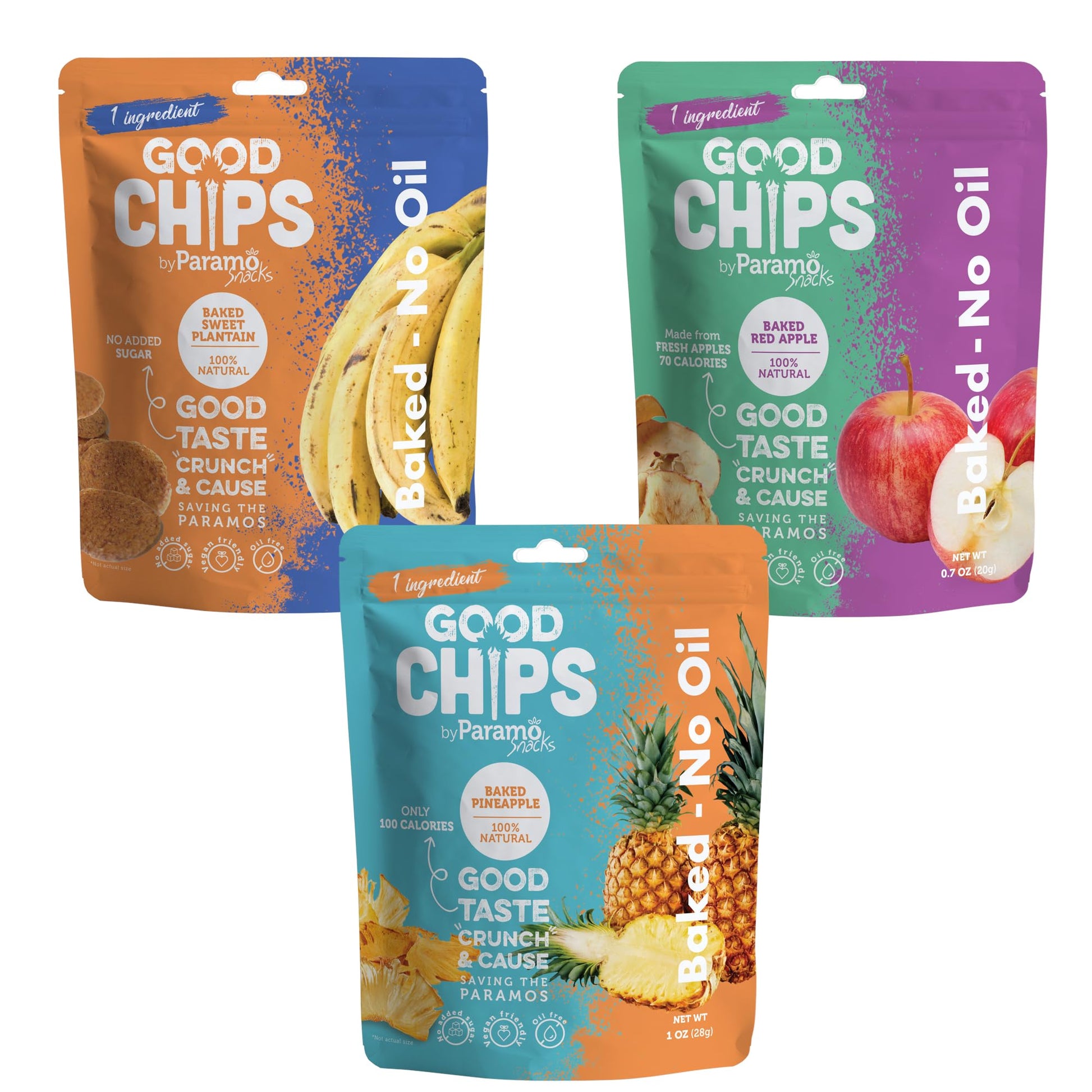Good Chips Baked Crunchy Snacks Variety Pack - Apple, Pineapple, Sweet Plantain - Pack of 3 - Oil Free, Healthy Dried Fruit