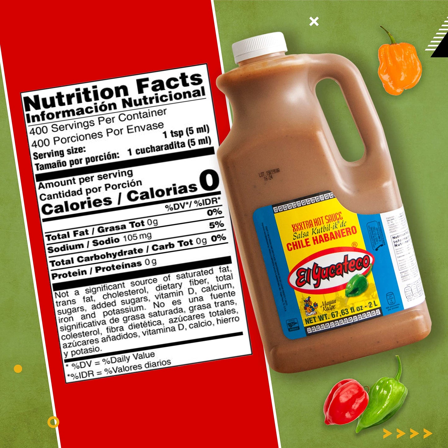 El Yucateco Xxxtra Hot Habanero Sauce, 67.63 Oz., 11,250 Average Scoville Units, Gluten Free, Sugar Free