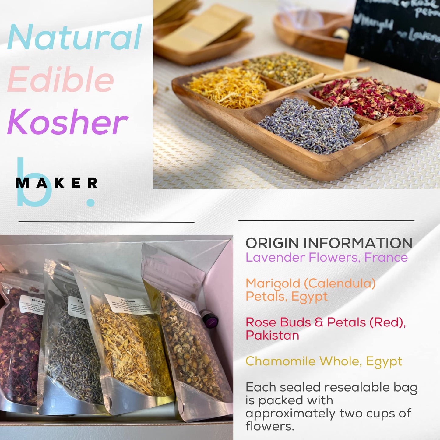 Bmaker Bulk Flower Kit Chamomile - Ultra Blue Lavender, Red Rose Buds & Petals, Marigold - 2 Cup Each Packet- Included Lavender