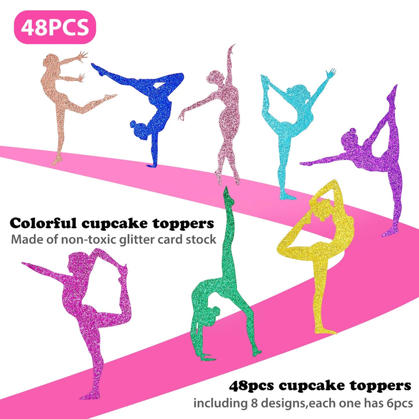 48 Pieces Glitter Gymnastics Cupcake Toppers Gymnast Girl Cupcake Picks Toothpicks Colorful Gymnastics Silhouette Cake Decoratio