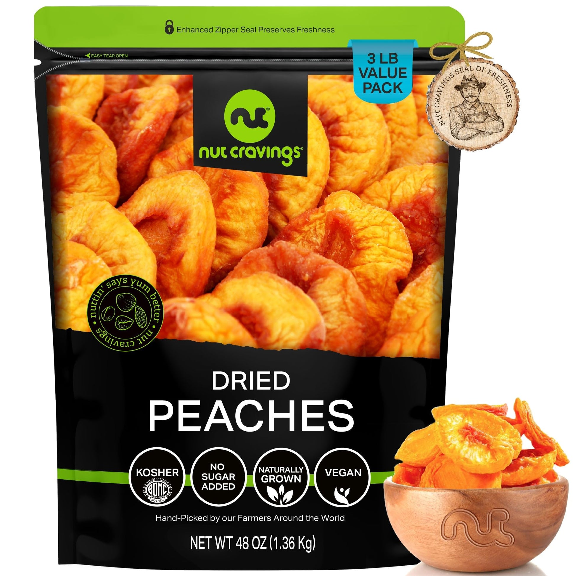 Nut Cravings - Sun Dried California Peaches  No Sugar Added  Unsweetened (48Oz  3 Lb) Bulk Dry Fruits Packed Fresh In Resealable Bag - Sweet Healthy Snack  Naturally Grown  Vegan  Kosher