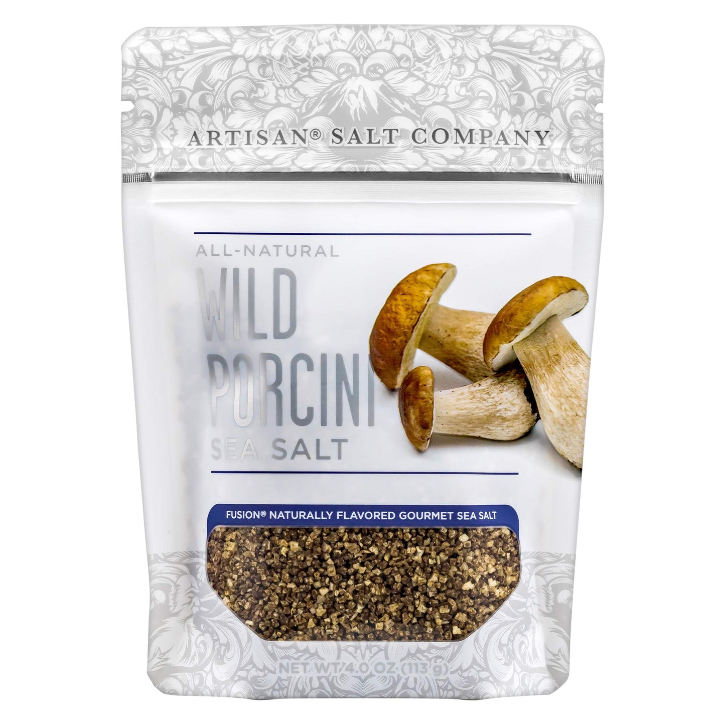 SaltWorks Artisan Salt Fusion Wild Porcini Sea Salt, 4 Ounce Zip-Top Pouch, Light to Dark Brown Crystals