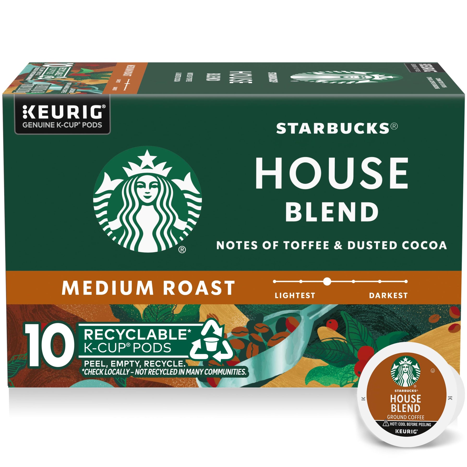 Starbucks K-Cup Coffee Pods  Medium Roast Coffee  House Blend  100% Arabica  1 Box (10 Pods)