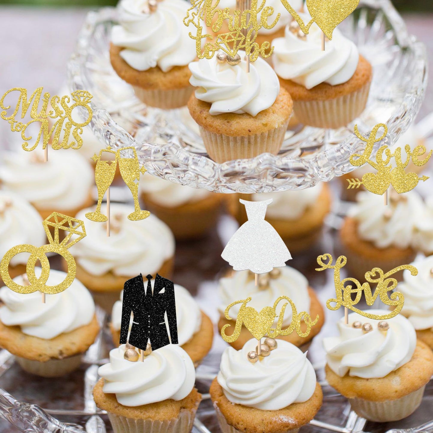 YCTHUNFISH Bride to Be Cupcake Toppers, 30 Pack Glitter Diamond Ring, Gold Decorations for Bridal Shower, Wedding, Bachelorette Party